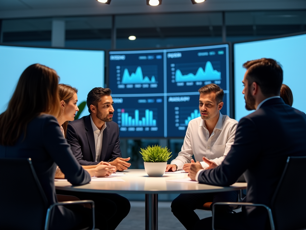 Four professionals discussing charts and data in a modern office meeting room.