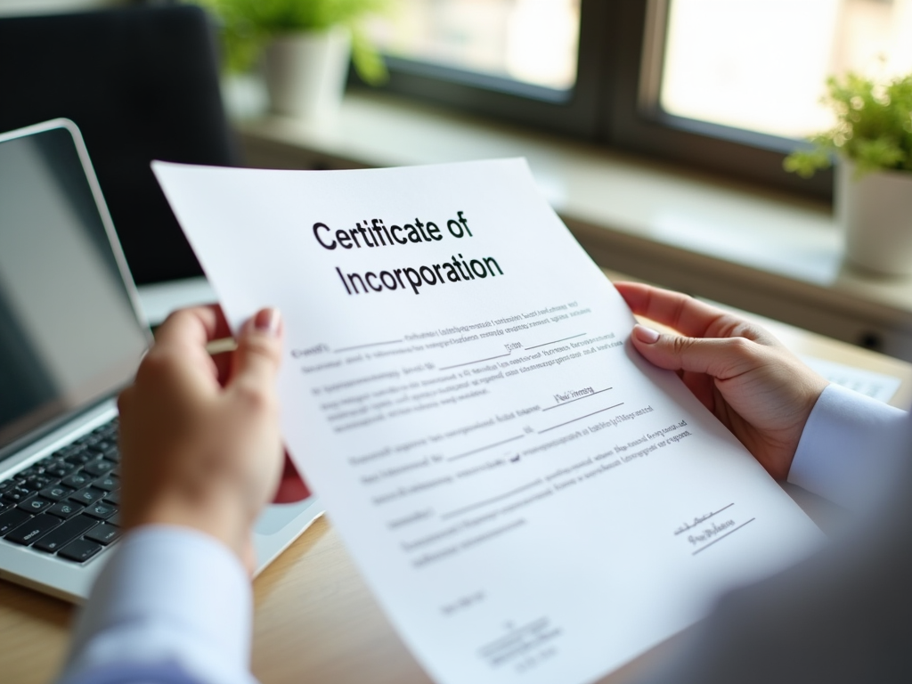 Person holding a Certificate of Incorporation near a laptop by a window.