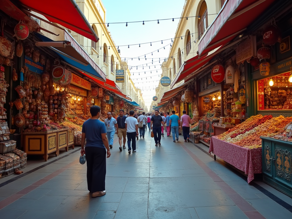 Bustling market street with colorful food stalls and pedestrian shoppers under string lights.