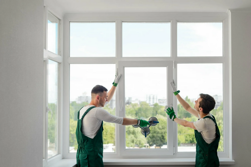 Two workers are installing a large window in a light-filled room.