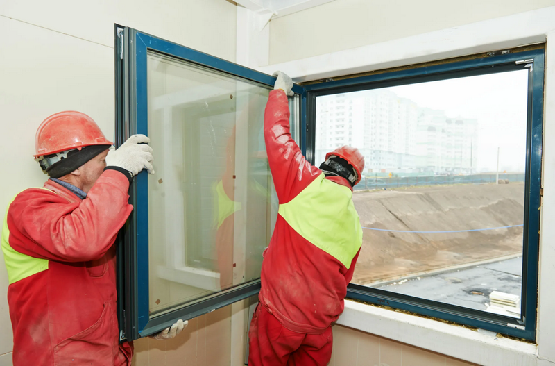 Two construction workers in red uniforms install a window.