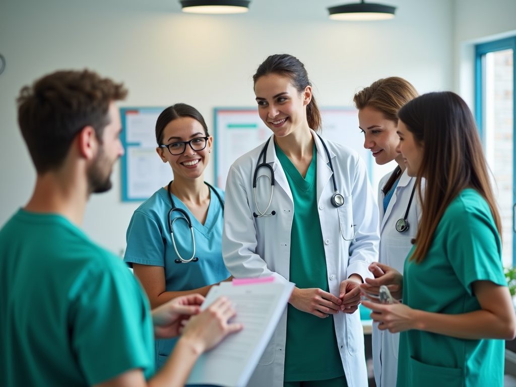 Group of medical professionals discussing in a hospital setting.