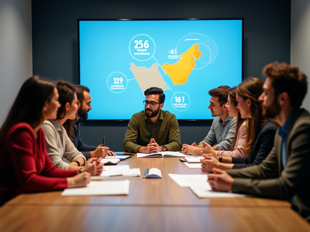 Group of young professionals engaged in a meeting with infographic presentation in the background.