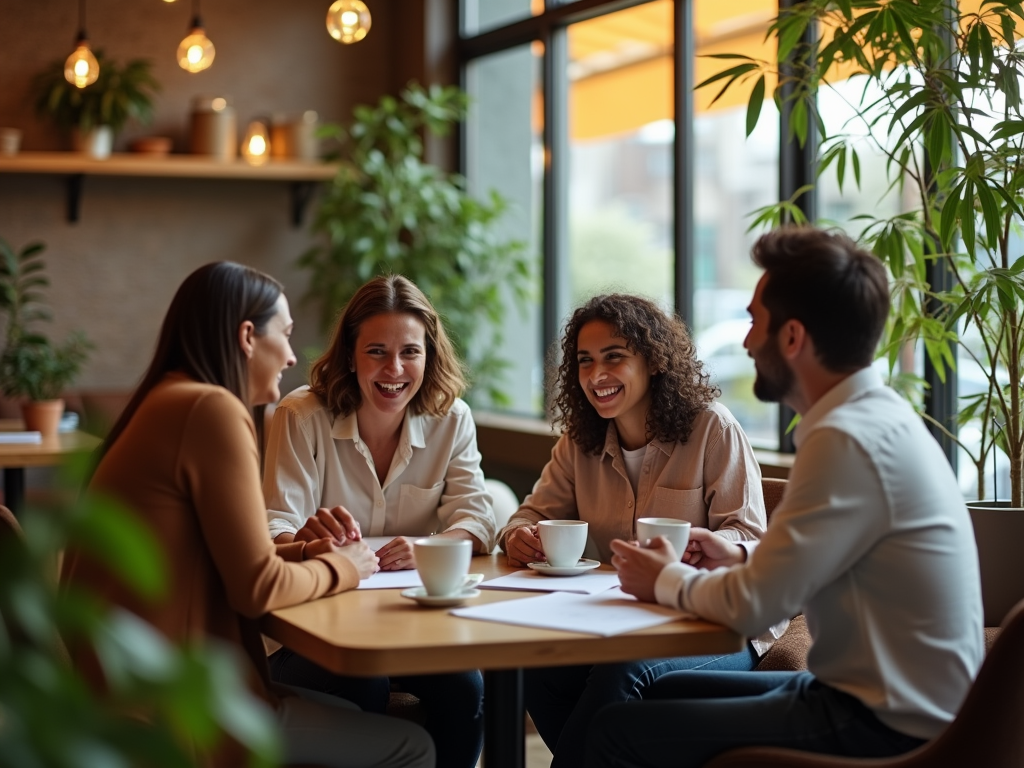 Four people laughing and talking over coffee in a cozy café.