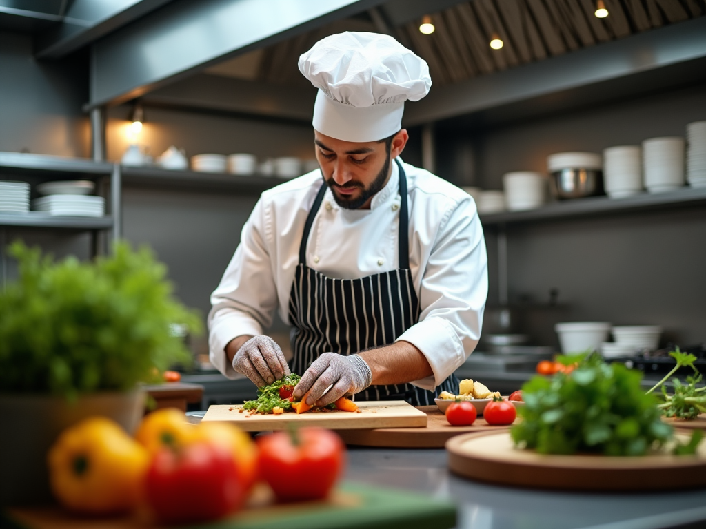 Chef in a professional kitchen finely chopping herbs, surrounded by fresh vegetables.