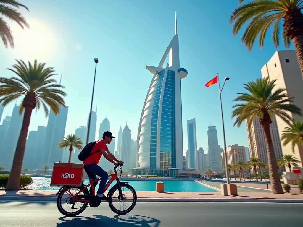 Man cycling with a delivery backpack near the Burj Al Arab on a sunny day in Dubai.