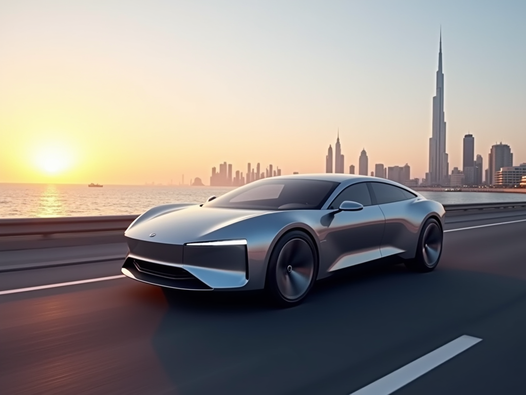 A sleek silver car drives along a coastal road with a city skyline and sunset in the background.