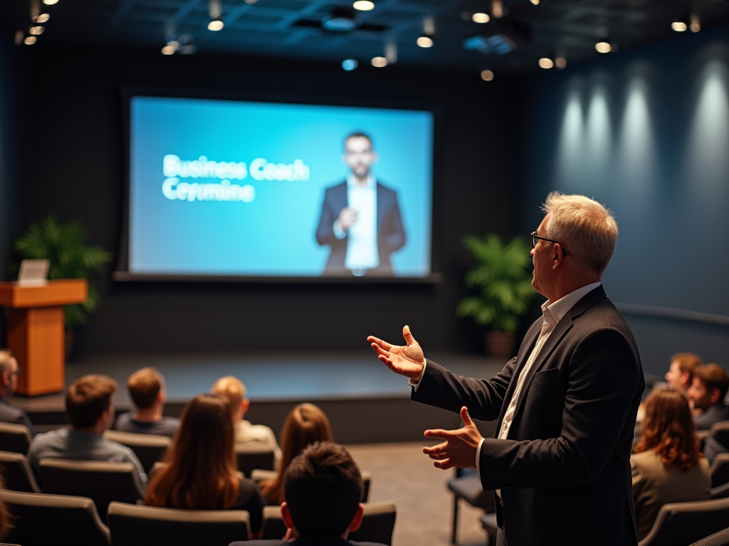 A business coach presents in front of an audience, with a screen displaying "Business Coach" behind him.