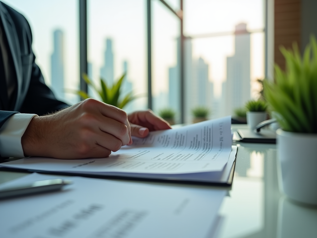 Businessman reviewing documents with city skyline in background.