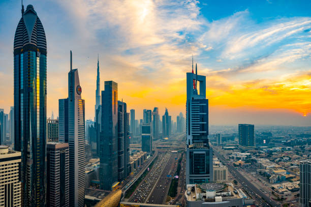 Skyline of a bustling city during sunset, symbolizing the vibrant business opportunities in a free zone.