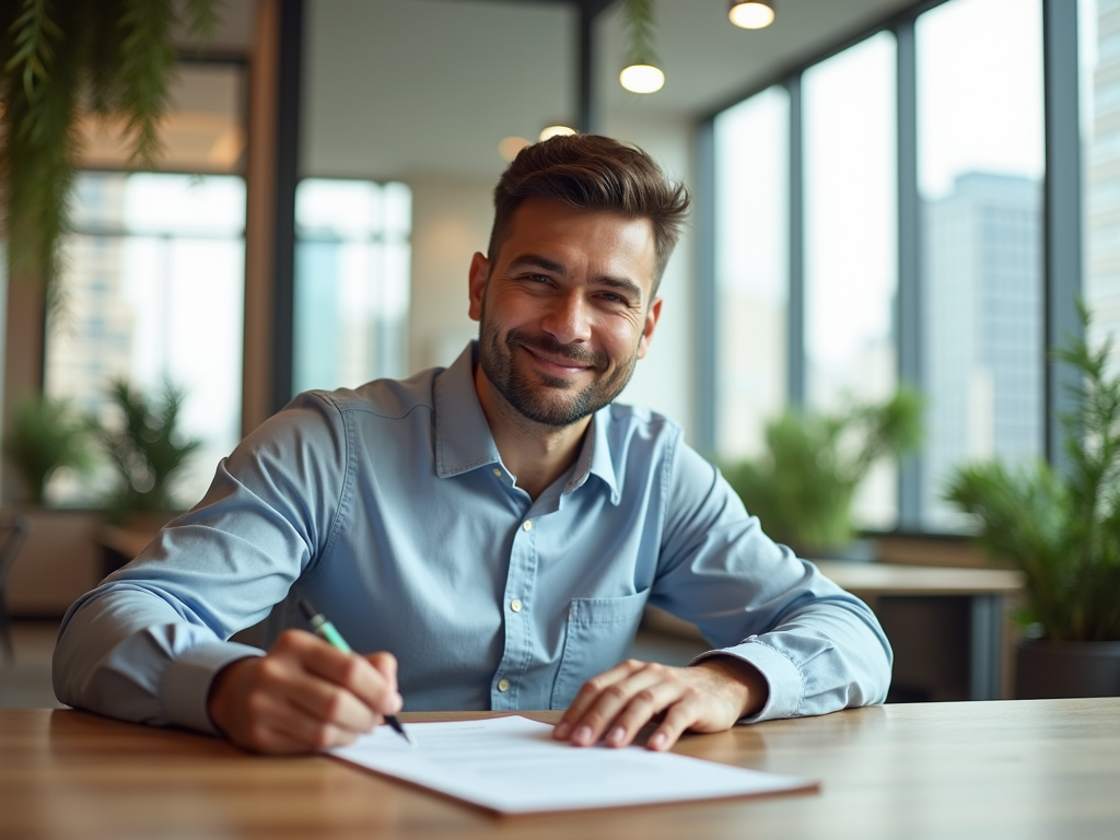 Smiling man in blue shirt writing at desk in an office setting with large windows.