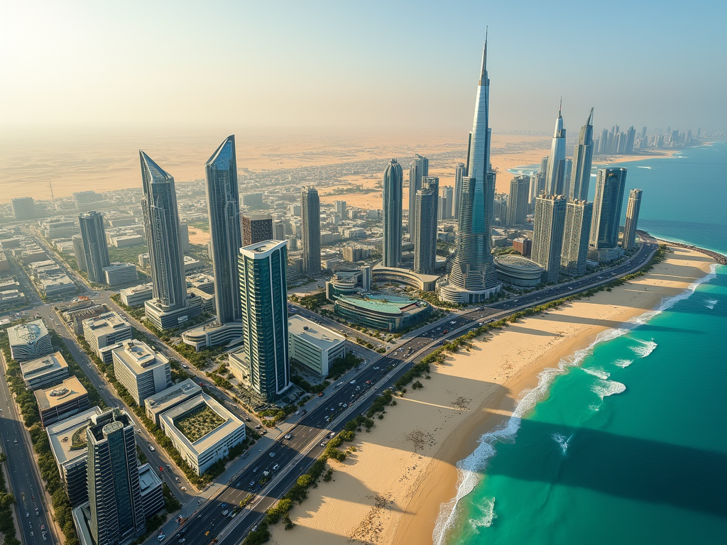 Aerial view of Dubai skyline with Burj Khalifa and coastline during sunset.