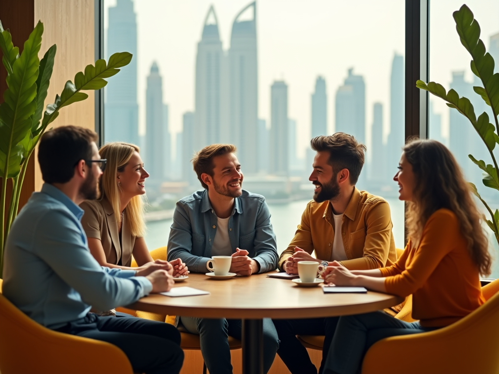 Five friends having a cheerful discussion over coffee in a room with a city skyline view.