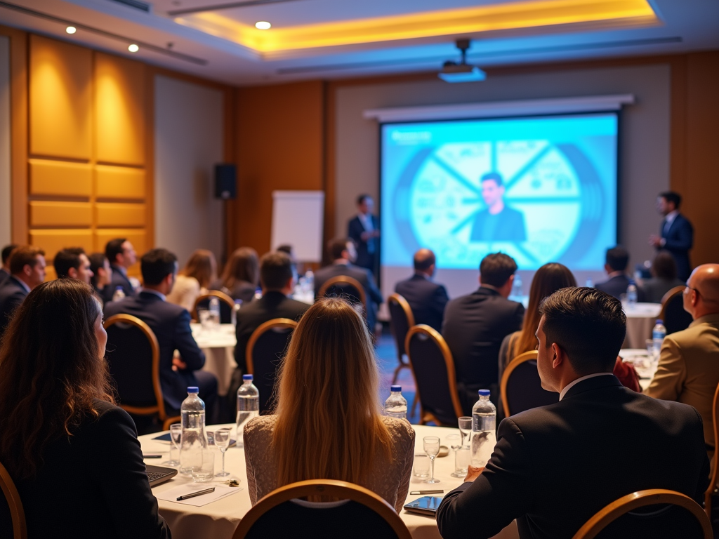 A business presentation in a conference room with an audience focused on a speaker and projector screen.