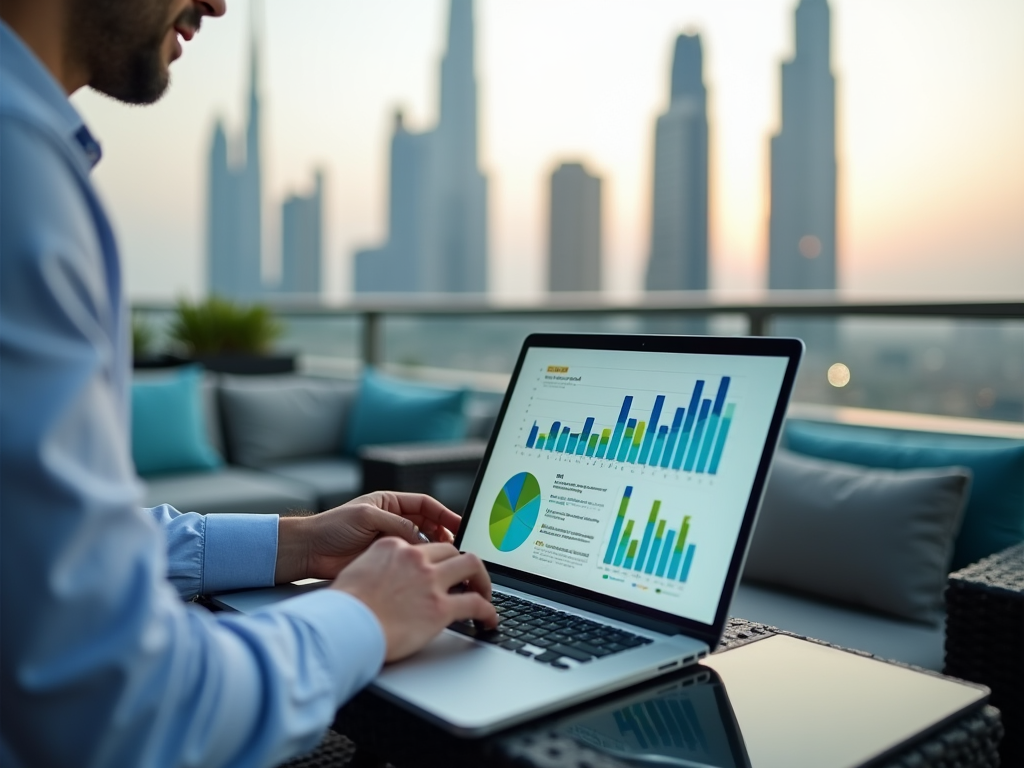 Man analyzing business charts on a laptop on a rooftop with city skyline at sunset.