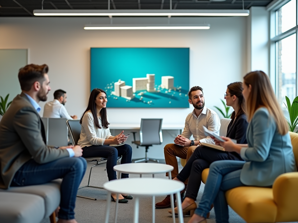 Five professionals engaging in a discussion in a modern office lounge space.