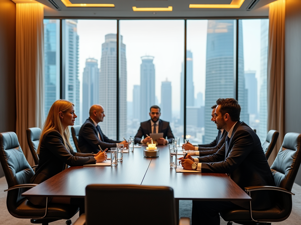 Four professionals having a meeting in a boardroom with city skyline views.