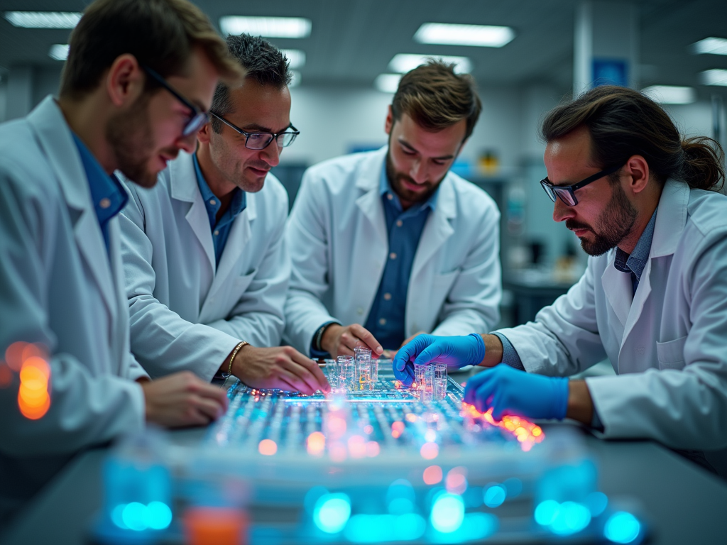 Four scientists in lab coats collaborate over a glowing worktable filled with test tubes and equipment.