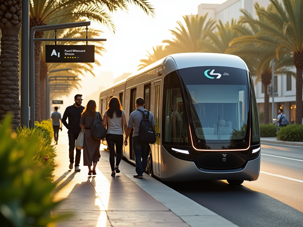 A modern transit vehicle stops by a palm-lined street, with pedestrians walking and sunlight illuminating the scene.