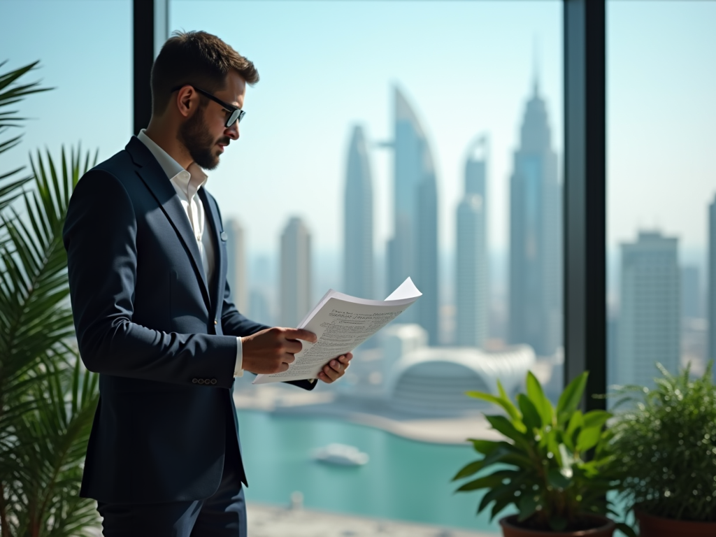 Businessman in suit reading documents with a city skyline in the background.