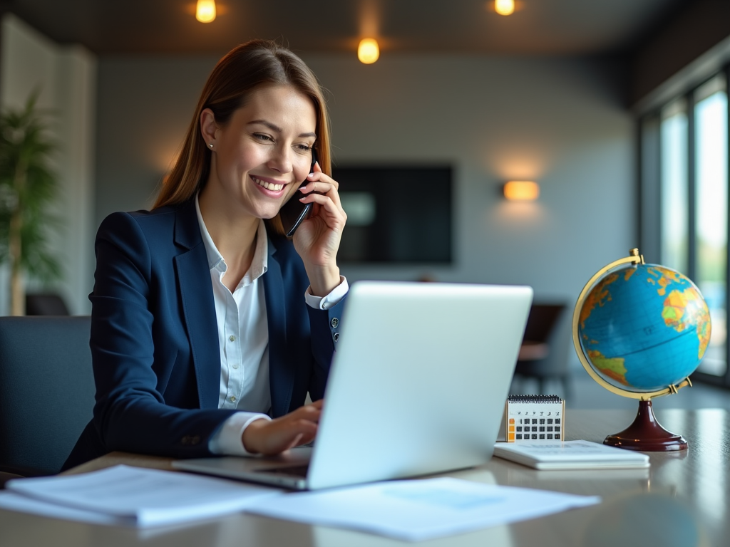 Businesswoman smiling while talking on phone, using laptop at desk with globe.