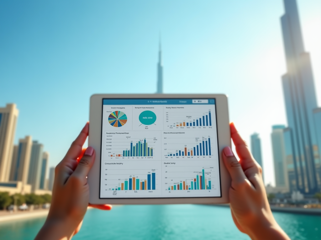 Hands holding a tablet with graphs and charts on the screen, with a city skyline in the background.