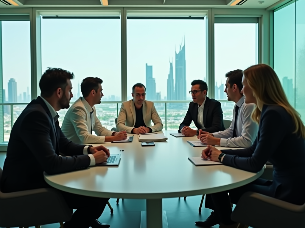 Group of professionals in a meeting, city skyline in background through large windows.