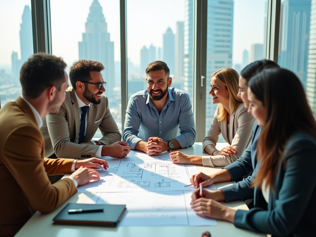 Group of business professionals discussing over documents in a bright office with cityscape view.