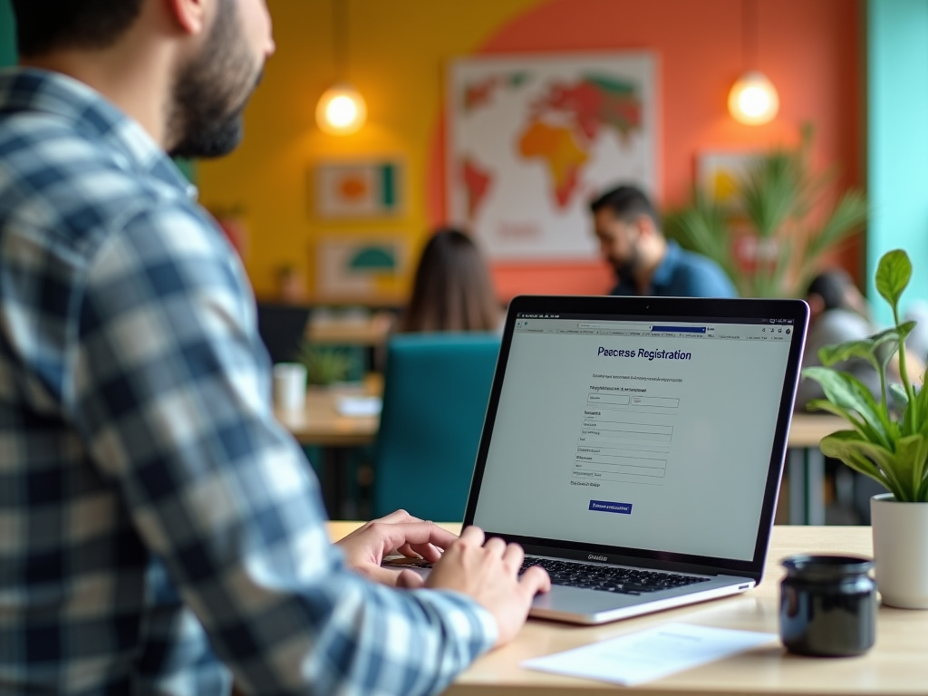 Man in plaid shirt filling out an online registration form on a laptop in a colorful café.