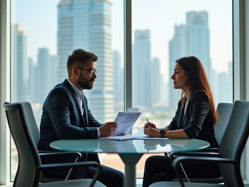 Two professionals discussing documents in a high-rise office with city skyline in the background.