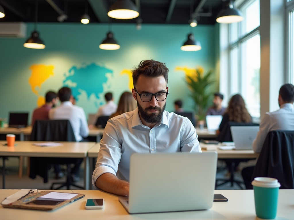 Man with glasses working on laptop in office with world map mural and colleagues.