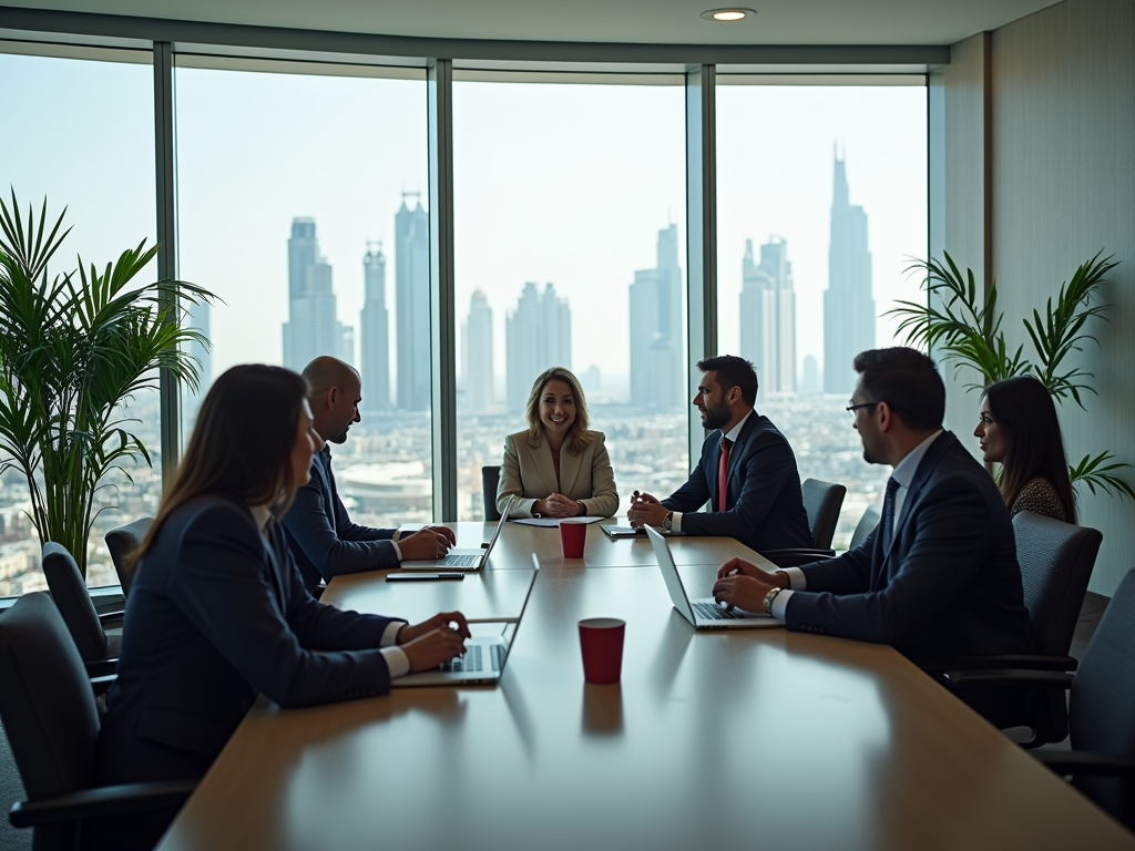 Meeting in a modern office with a city skyline in the background; six professionals discussing around a table.