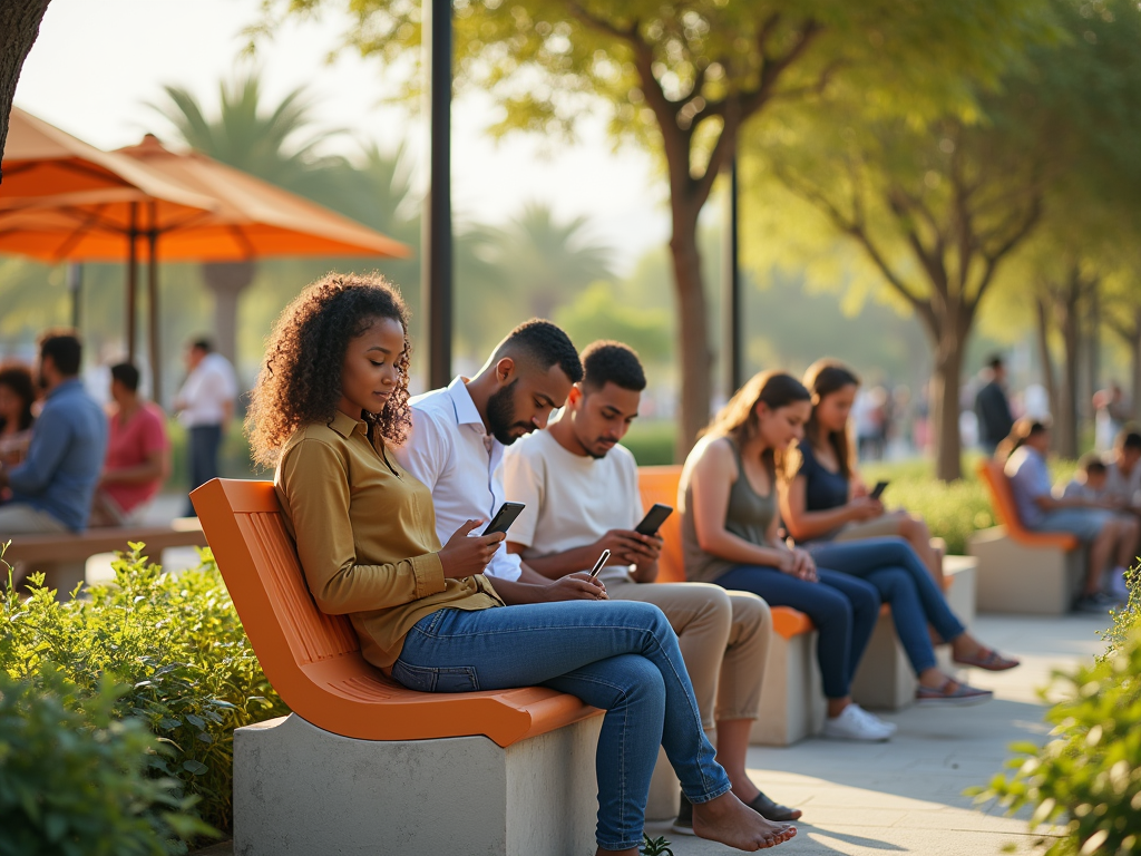 A group of people sitting on benches in a sunny park, focused on their smartphones amidst greenery.