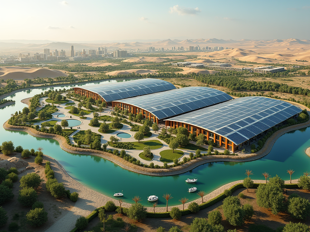 Aerial view of a solar-powered complex by a river, with lush greenery and a city skyline in the background.