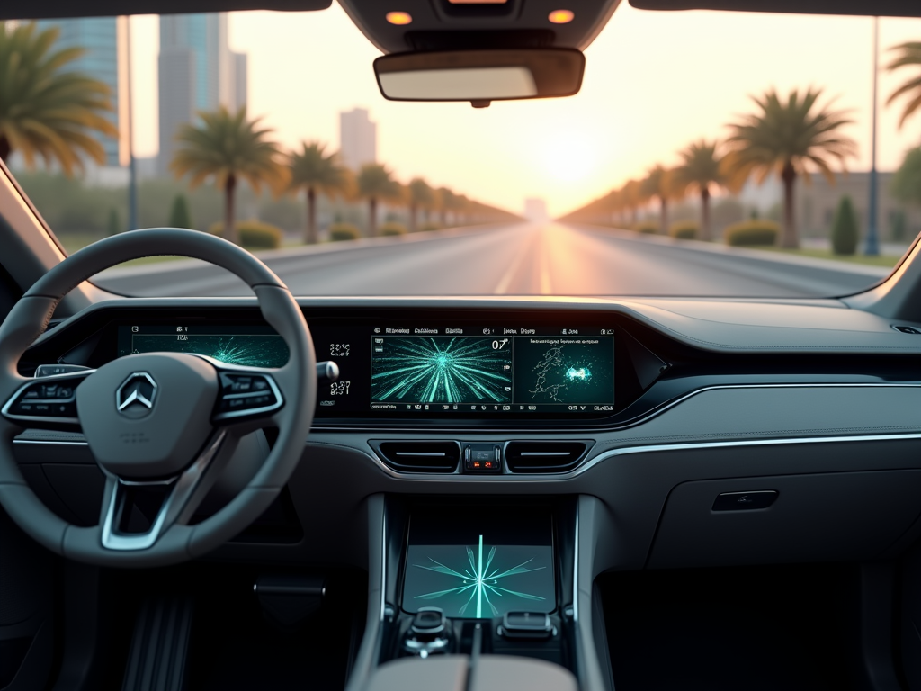 A modern car interior with a sleek dashboard, large screens, and a view of a sunny road lined with palm trees.