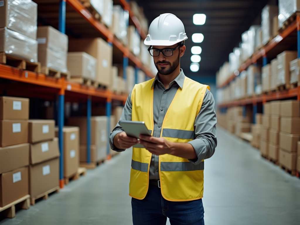 Man in safety vest and helmet using tablet in warehouse.