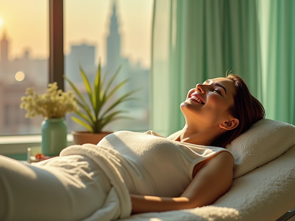 Woman relaxing on a massage table by a window with city skyline, enjoying the sunlight.