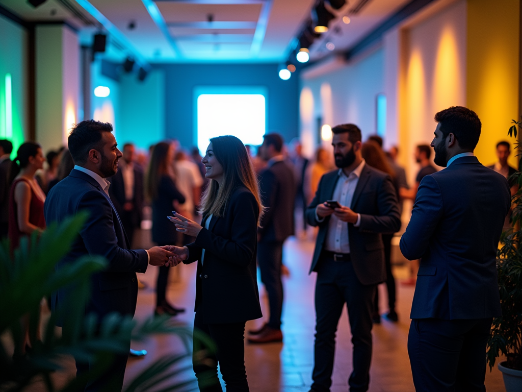 People networking at a lively evening event with colorful lighting.