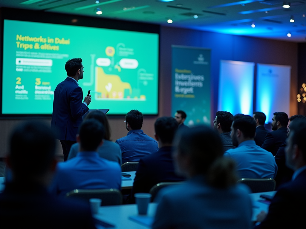 Man presents on trip networks at a business conference to an audience in a dimly lit room.