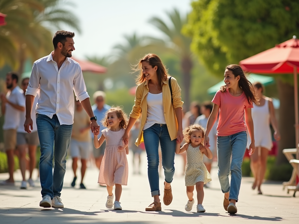 Family enjoying a sunny day, walking happily together in a palm-lined street.