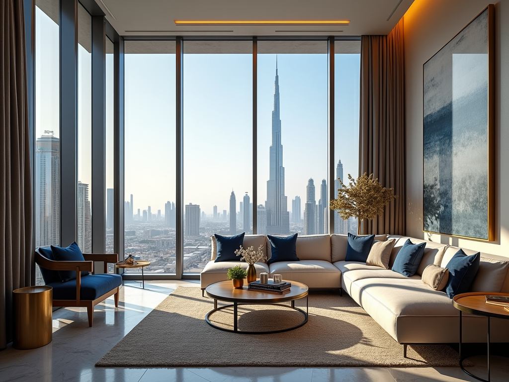 Modern living room with large windows showcasing a stunning cityscape, stylish furniture, and elegant decor.