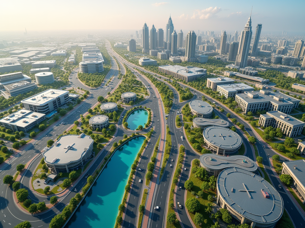 Aerial view of a modern city with curvy roads, distinctive circular buildings, and green spaces.