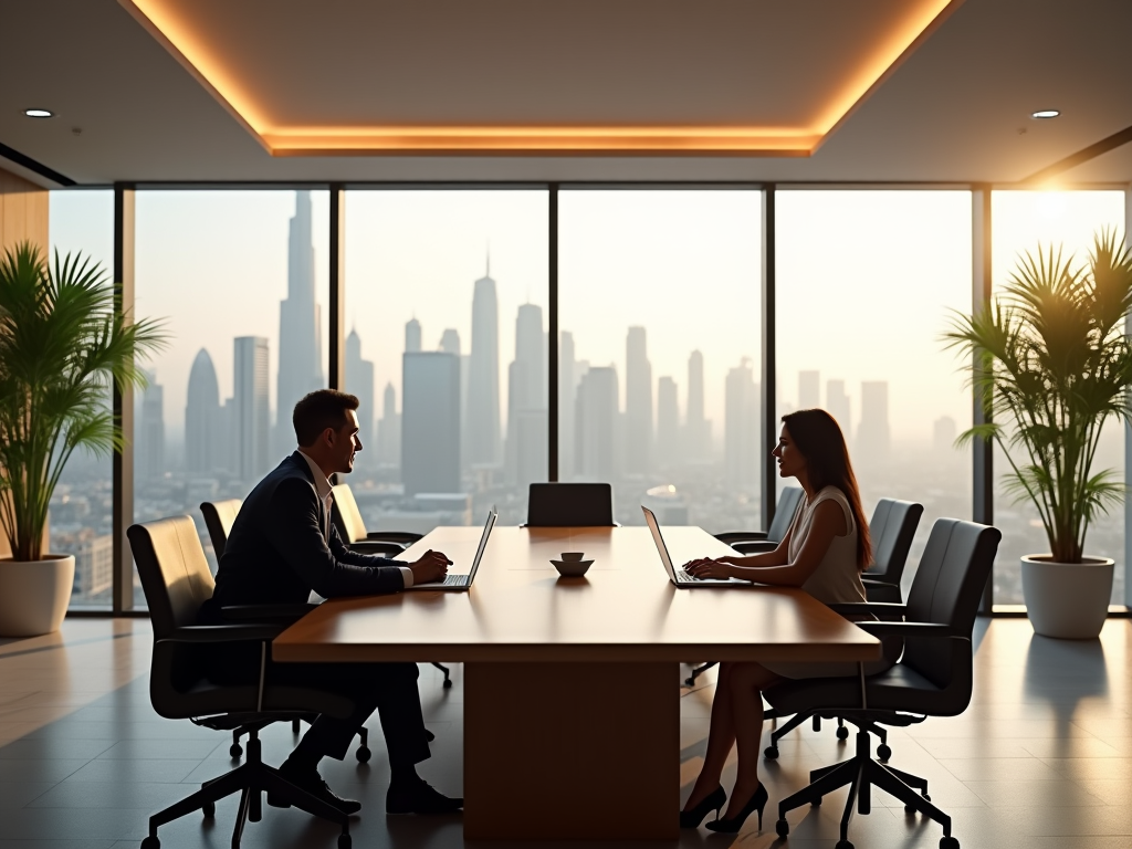 Two professionals at work in a high-rise office, with a city skyline at sunset in the background.