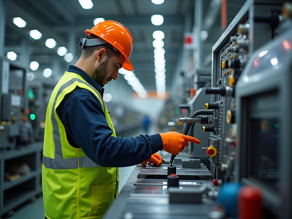 Worker in orange hard hat and yellow vest adjusting machinery in an industrial setting.